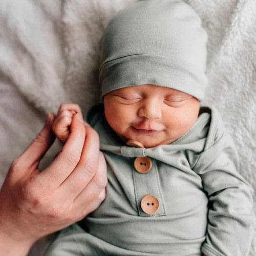Caden Lane Bamboo Baby Knot Gown & Hat - Solid Moss, Newborn