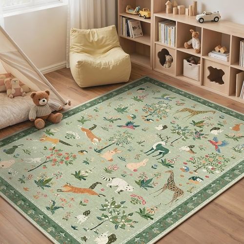 Rugs for Living Room 5x7 Floral Animal Print Area Rug Machine Washable Rug, Non Slip Low Pile Carpet for Bedroom, Entryway, Light Green