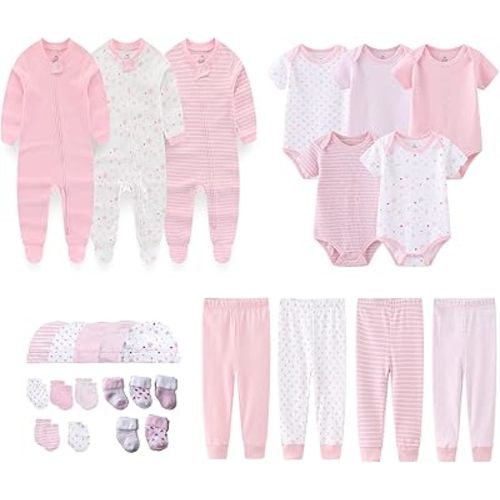 MAMIMAKA Newborn Layette Gift Set 27-Piece Baby Girl Clothes Bodysuits, Pants Essentials and Accessories 0-12Months