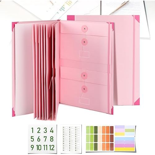 Document Organizer, File Folder with Labels and Pockets, Expanding Storage Folder for Important Papers, Emergency Binder, Birth Certificates and Letters, Ideal for Home Files Organization (Pink)