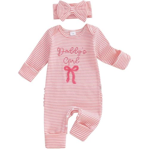 FIOMVA Im New Here Newborn Outfit Girl Long Sleeve Letter Romper Ribbed Knit Jumpsuit Baby Girl Preemie Coming Home Outfit
