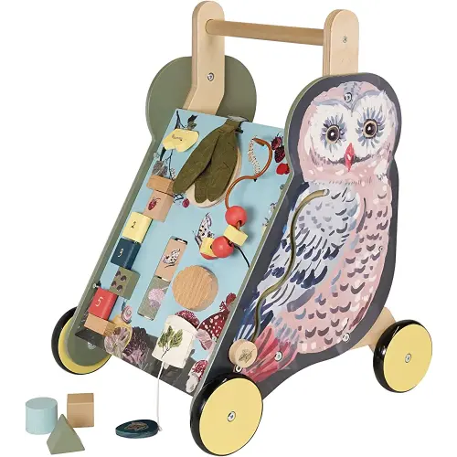 Manhattan Toy Wildwoods Owl Wooden Push Cart with Shape Sorter and Basket, Serrated Oval, Spinners, Bead Run and More Medium
