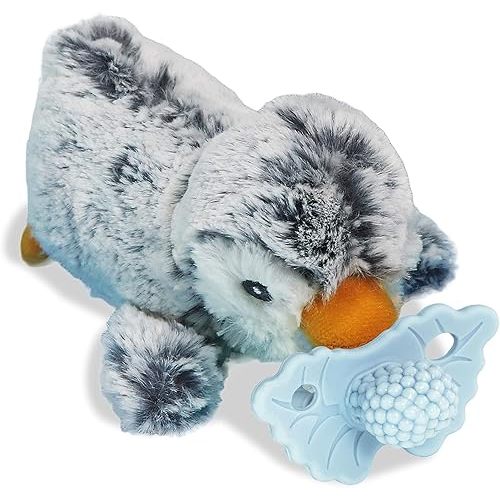 RaZbaby Penguin RaZbuddy w/RaZberry Teething Relief Pacifier – Soothes Sore Gums w/Nature-Inspired Texture, 100% BPA-Free Silicone Teether, Detachable Stuffed Animal – 3 Months+ Teether, Blue