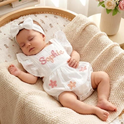 Custom Hand Embroidered Baby Romper, Personalized Linen Bubble Suit, Newborn Coming Home Outfit, 1st Birthday Gift, Infant Sunsuit Clothes