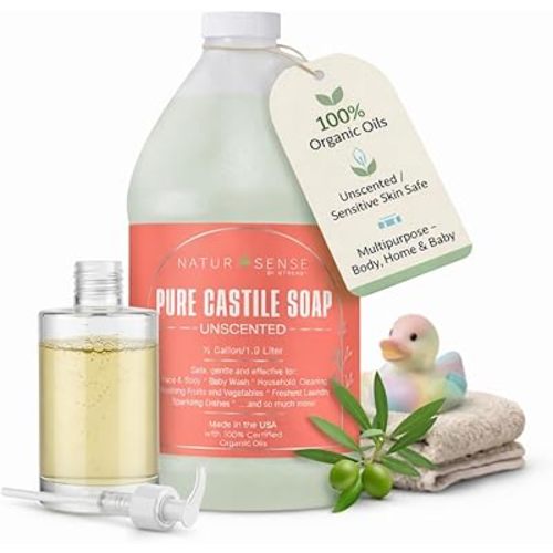 Organic Castile Soap Liquid Unscented 64 oz - Gentle Baby Wash, Body Wash, Hand Soap, Shampoo, Pet Wash & Multi Purpose Household Cleaner - Concentrated, Plant Based, Palm Oil-Sulfate-Paraben Free.