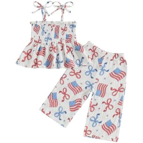 VISGOGO Toddler Baby Girl Outfits Sleeveless Smocked Strap Camisole Linen Pants Bow Baby Summer Clothes
