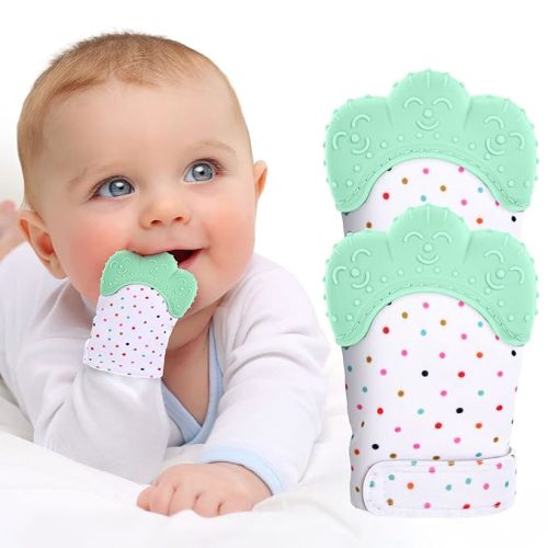 2Pack Silicone Teething Mitt, Soothing Infant Teething Mitten Pain Relief, Prevent Scratches Glove, Safe Silicone Teething Toys for 0-12 Months