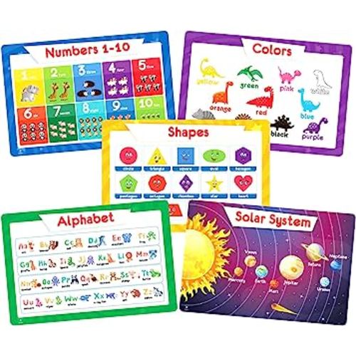 Simply Magic 5 Placemats for Kids - Kids Placemats Non Slip, Washable Reusable Toddler Placemats, Educational Placemats: Alphabet ABC, Shapes, Colors, Numbers, Solar System, Plastic Placemats for Kids