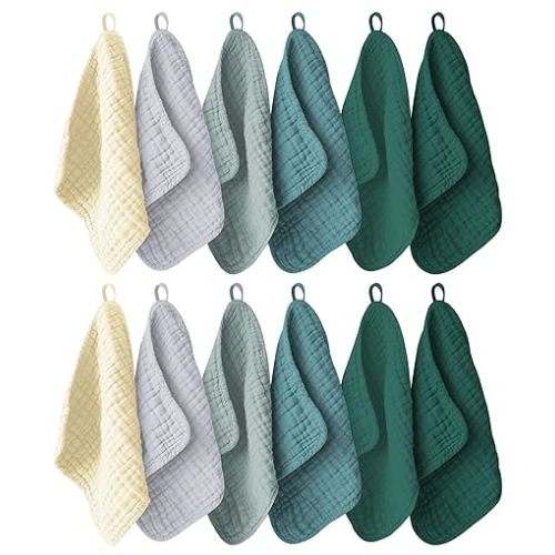 12 Pack Muslin Washcloths for Baby - 100% Cotton Baby Wash Cloths for or Baby Face Body Comfy and Soft for Newborn Infants Kids Girls and Boys - 12"x12" - Ivory, Slate and Emerald Series