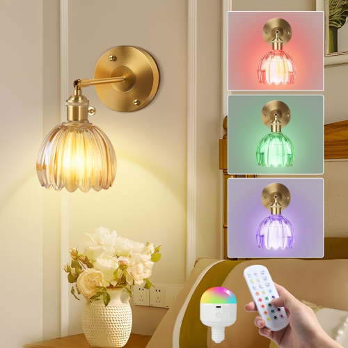 DONGPAI Vintage Battery Operated Wall Sconce with Amber Tulip Glass Lampshade Wireless Rechargeable Wall Light with Remote Control for Bedside Bedroom Doorway, Set of 2