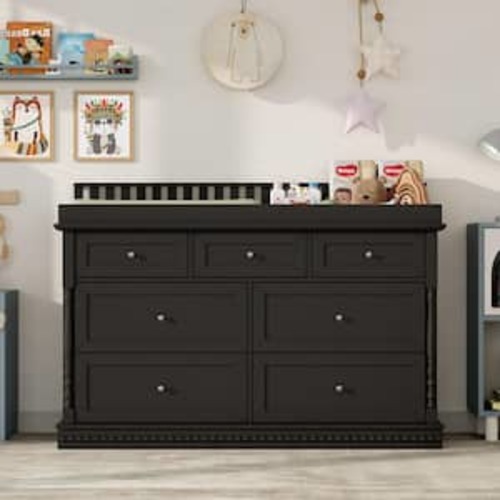 Black Baby Changing Table with 7 Drawers, Recessed Changing Top, Nursery Storage Dresser with Removable Guardrail