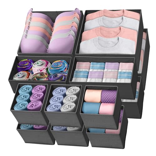 Reli. Drawer Organizer Clothes (14 Pack) | Dresser Organizer for Clothing | Drawer Bins for Bras, Nursery, Baby Clothes, Underwear, Socks | Foldable Fabric Dresser Storage Dividers (Gray)