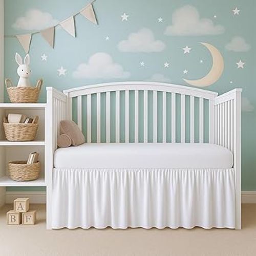 Cottington Lane White Infrant Crib Bed Skirt Dust Ruffle with Split Corner, 100% Natural Cotton Nursery Crib Toddler Bedding Skirt for Baby Girls or Boy, Fits Standard Cribs 28" x 52" with 14" Drop