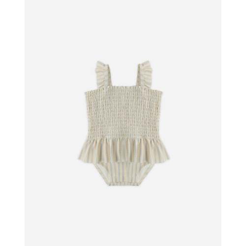 Smocked One-Piece Swimsuit Blue + Butterscotch Stripe