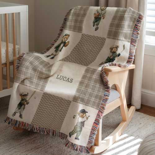 Personalized Sports Bear Baby Blanket, Golf Football Baseball Basketball Hockey, Sage Green Nursery Throw