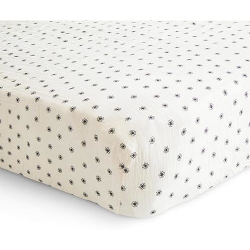 mushie Extra Soft Muslin Fitted Crib Sheet | 192 Thread Count | 28"x 52" (Black Daisy)