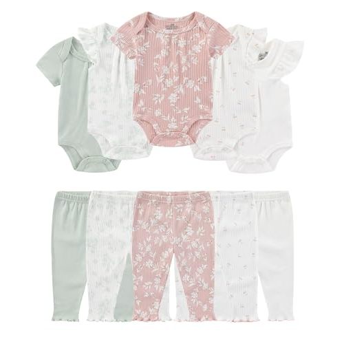 Baby Bodysuit and Pant Set Cotton Ribbed Mix Infant Girl Clothes | Unisex newborn summer outfits 10-pcs,neutral and sweet style mixed bundle gift clothing set