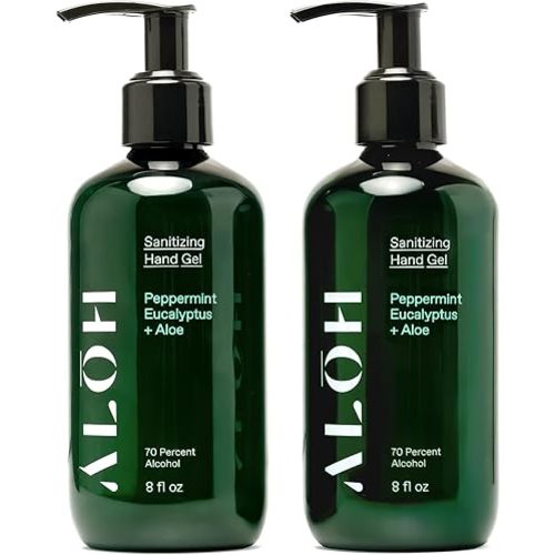 ALŌH Sanitizing Hand Gel 2-pack | Peppermint Eucalyptus + Aloe | 70% Alcohol Hydrating Hand Sanitizer Gel with Essential Oil, for Kids & Adults | 8oz Bottle (Set of 2)