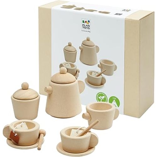 PlanToys® Wooden Tea Set for Montessori Inspired Pretend Play | Social Interaction, Language and Imaginative Role Play | Eco Friendly Wooden Tea Party Set for Creative Learning