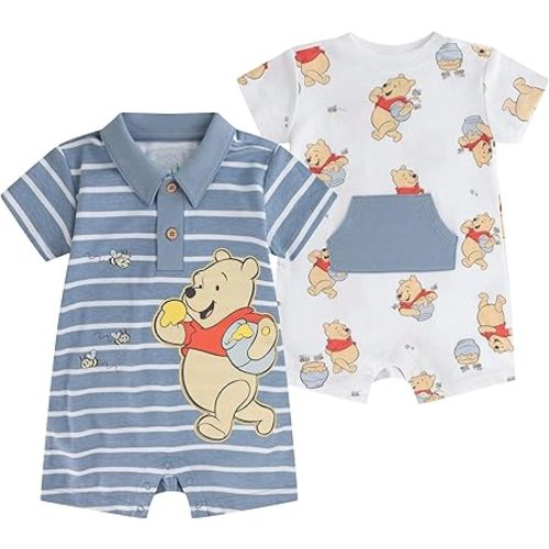 Disney Winnie the Pooh Baby Boys 2 Pack Short Sleeve Romper for Newborn and Infant