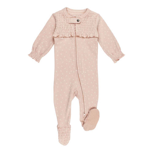 Rosewater Dots | Organic Smocked Zipper Footie 0-3m