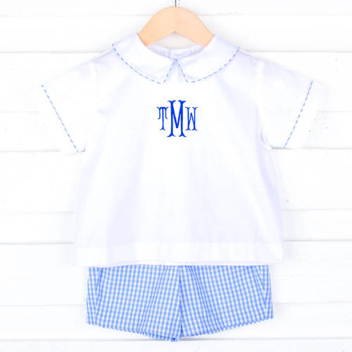 White & Blue Gingham Collared Short Set