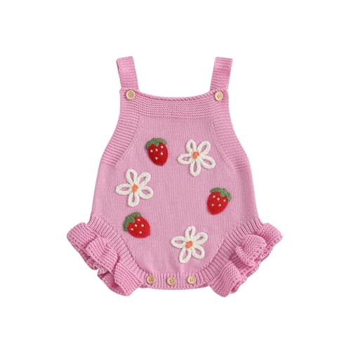 wybzd Newborn Sweater Romper Baby Girl Crochet Knit Sweaters Rompers Embroidery Flower Strawberry Outfit Sleeveless Bodysuit