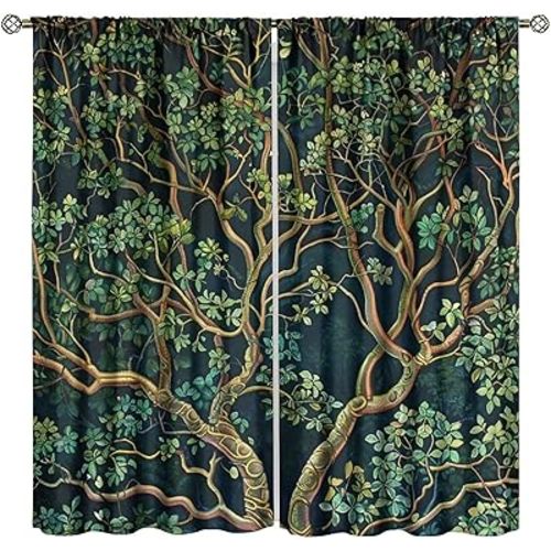 Rustic Farmhouse Forest Blackout Curtains, Vintage Watercolor Green Forest Tree Nature Landscape Window Drapes, for Living Room Bedroom 42" W X 45" L
