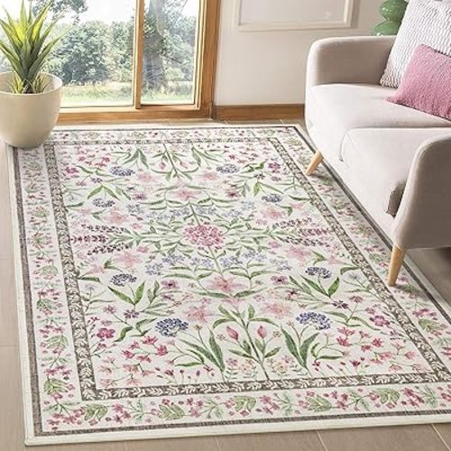 Amearea Floral Area Rugs for Living Room, 5x7 Feet Boho Pink Rugs for Bedroom Girls, Cute Kids Room Print Carpet Vintage Low Pile Machine Washable Area Rug, Office Nursery Dining Room Farmhouse Decor