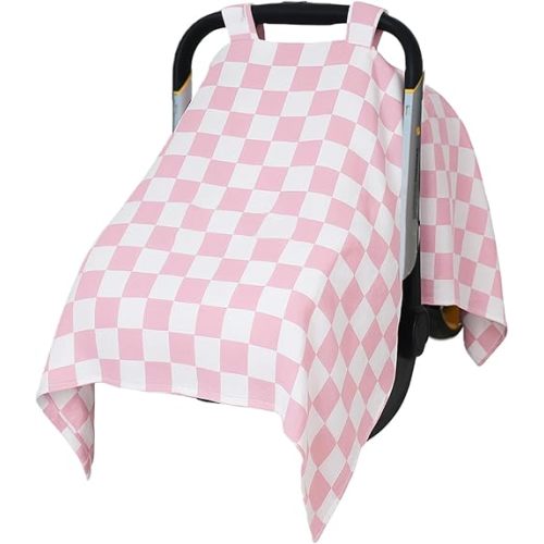solTourne Muslin Car Seat Cover for Babies - Pink & White Plaid Infant Carrier Canopy, Soft & Breathable Baby Carseat Cover, Lightweight Sunshade for Summer, Universal Fit for Boys & Girls