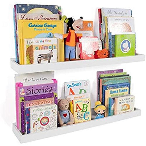 Wallniture Philly Nursery Bookshelf - Floating Book Shelves for Kids Room - 31 Inch Picture Ledge Book Tray Toy Storage Display White Set of 2