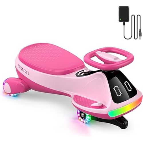 Umatoll 12V Electric Wiggle Car for Kids with Pedal, Display, Rechargeable Battery, LED Light, Bluetooth, Light-Up Wheels, Anti-Rollover, 2 Speeds, Ride on Toys, Birthday Gifts for Age 3+, 150Lbs
