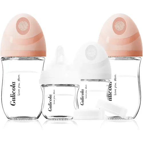 Gulicola Natural Glass Baby Bottles Set 4 Pack, Newborn Girl Breastfeeding Bottles with Slow Flow Nipples, 0 Months+, 3 oz & 5 oz - Pink