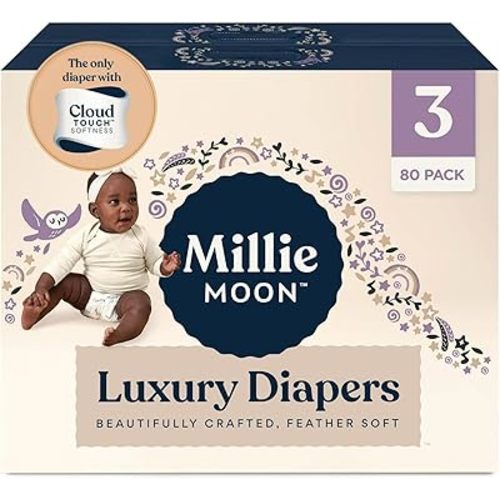 Millie_Moon Luxury Diapers – Ultra Soft Cloud Touch Disposable Diapers with 12 Hour Absorbency & Wetness Indicator (3-80ct)