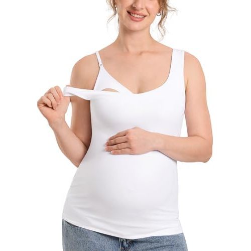 MOMANDA Maternity Nursing Tank Tops with Built in Bra Sleeveless Casual Pregnancy Tee V Neck Workout Shirt
