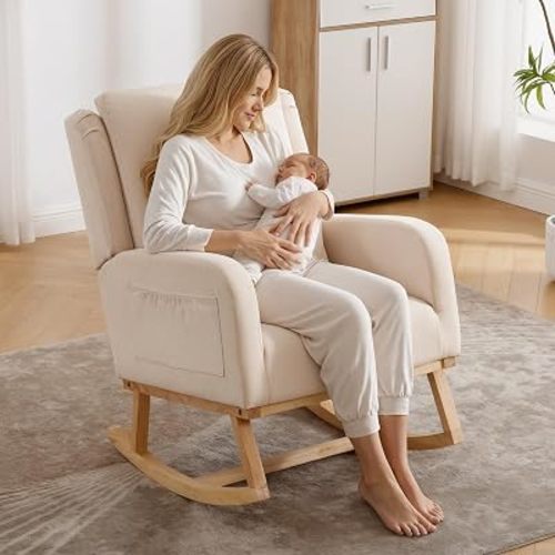 Rocking Chair Nursery, Nursing Rocking Chairs Upholstered, Glider Rocker with Lumbar Pillow and Side Pockets, Modern Rocker Chair for Bedroom, Living Room, Beige