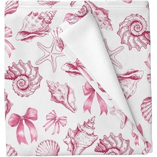 Coastal Ocean Baby Blankets for Boys Girls Pink Blue Bows Seashells Starfish Conch Receiving Swaddle Blankets Summer Beach Holiday Newborn Breathable Soft Infant Swaddling Wrap 40x50in