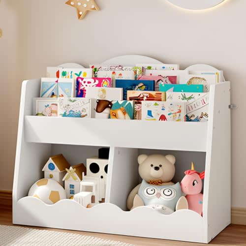 CHOEZON Kids Bookshelf and Toy Storage, Children's Bookcase with 2 Toy Cubes, Toddler Book Shelf for Kids Room, Wooden Book Organizer, for Playroom, Nursery, Living Room, White MCW15WB