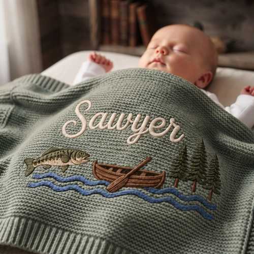Personalized Fishing Baby Blanket with Name, Custom Knit Outdoor Adventure Newborn Gift, Baby Boy Gift, Nursery Keepsake, Keepsake Newborn