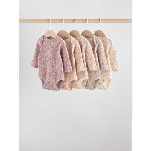 Caramel Brown Ditsy Floral Baby Long Sleeve Bodysuits 5 Pack