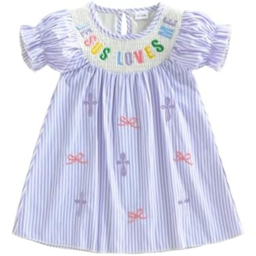 KMBANGI Little Girl Christian Outfit Jesus Loves Me Dress Puff Sleeves Embroidered Smocked Dresses Baptism Outfit Princess