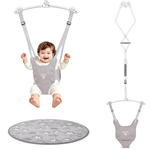 Baby Jumper, Baby Doorway Jumper with Adjustable Strap, Protable Baby Jumpers and Bouncers, Easy to Assemble, Toddler Bouncer Jumper with Floor Mat, Gray