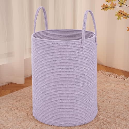 Large Woven Laundry Basket Hamper,60L Cotton Rope Storage Bin for Blankets,Toys and Clothes,Decorative Tall Nursery Hamper for Living Room,Baby Nursery,Bathroom and Bedroom,Purple