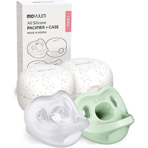 Moyuum Silicone Macaron Pacifier | Made in Korea, BPA Free One-Piece Design Baby Soother, Soft Orthodontic Shape with Air Holes, 2 Pack with Travel Case, Babies 6+ Months (Sage + Natural, Stage 3)