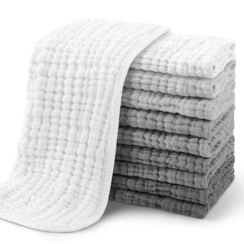 Yoofoss Muslin Burp Cloths for Baby 10 Pack 100% Cotton Baby Washcloths for Boys Girls Large 20''X10'' Super Soft and Absorbent Gradient Grey