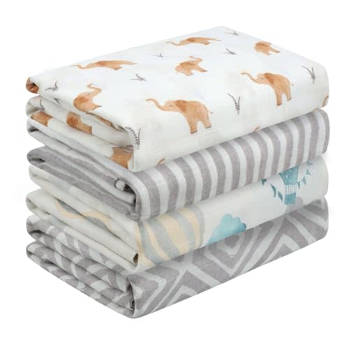 Featherhead™ 4-Pack 100% Cotton Muslin Swaddle Blankets for Baby Girl - Large 47”x 47” - Pre-Washed, Soft, & Breathable - Newborn Essential & Perfect Baby Registry Gift (4 Pack - Elephant)
