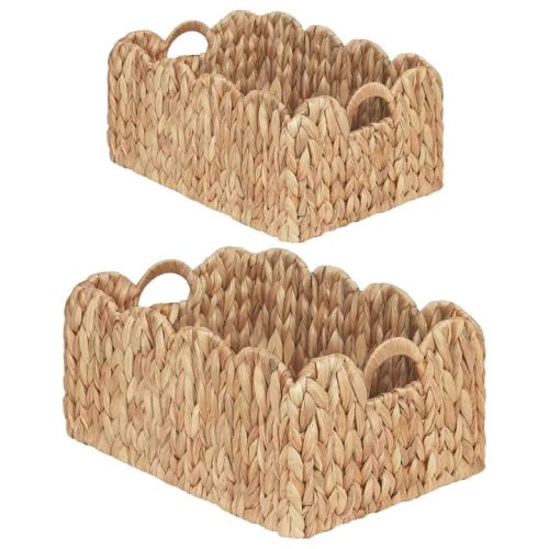 iEGrow Scalloped Wicker Basket, Set of 2 Woven Rattan Natural Water Hyacinth Baskets with Built-in Handles, Rectangle Storage Baskets for Organizing, Decor, Shelf and Nursery Room
