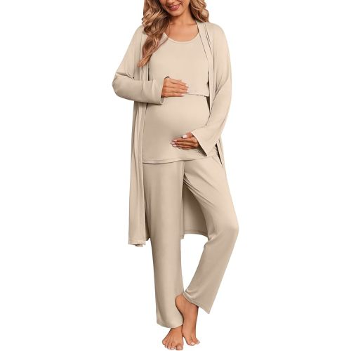 Ekouaer Nursing Pajamas Maternity Robe Set 3 Pieces Postpartum Maternity Pajama Set Pregnancy Breastfeeding Pj
