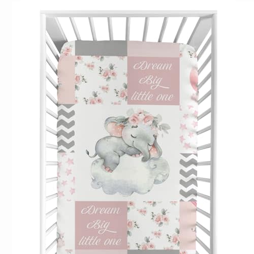 HawSkgFub Pink Sleeping Elephant Flower Fitted Standard Crib Sheet for Baby Girl, Dream Big Little One Patchwork Toddler Mattress Cover, Soft Stretchy Nursery Bed Sheets Decor Kids Gift 52" x 28"