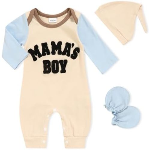 GRNSHTS Newborn Baby Boy Romper Coming Home Outfits Letter Print Bodysuit Jumpsuit+Hat+Gloves 3PCS Clothes Set